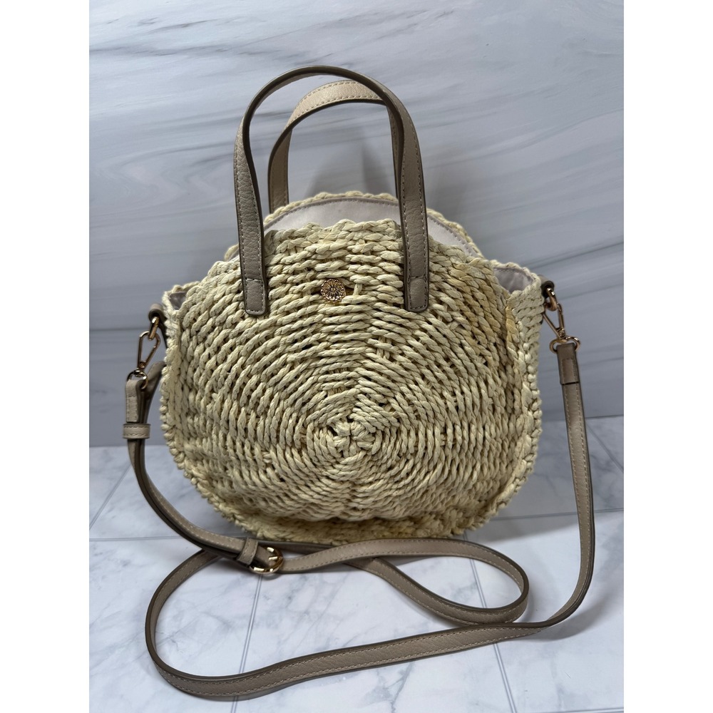 LC Lauren Conrad Round Straw Crossbody Bag Beige Woven Circle Purse Gold
